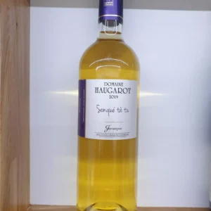 Bouteille de vin blanc Jurançon moelleux Domaine Haugarot Sounque ta tu, vin du Sud-Ouest avec étiquette traditionnelle, cave de Monein